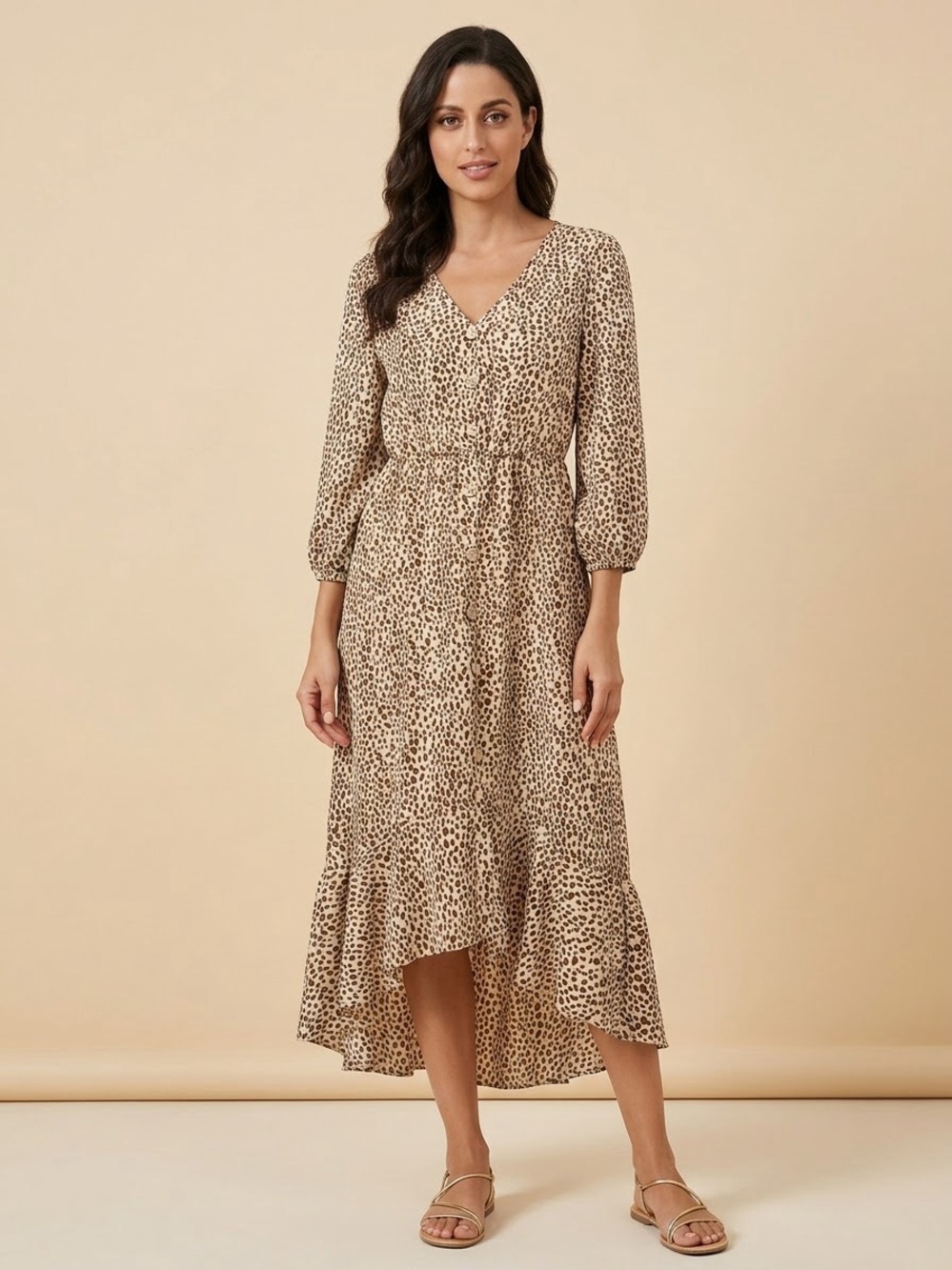 Beige Leopard Print High-Low V-Neck Dress